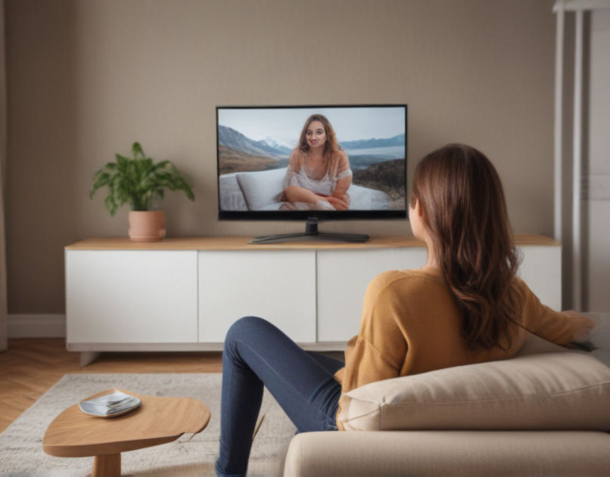 A woman seated on a couch watching the news reporter on a flat-screen TV in a cozy living room.
