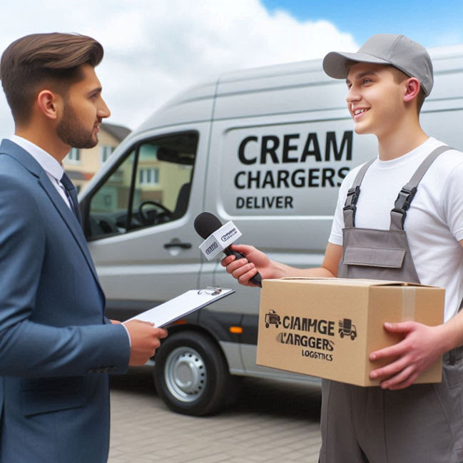 Cream chargers delivery person discussing logistics with a news reporter, with a reporter van in the background.
