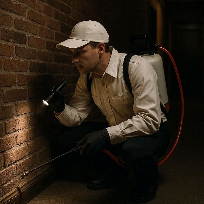 pest control technician inspecting a baseboard crack in a dimly lit hallway of a brick apartment building